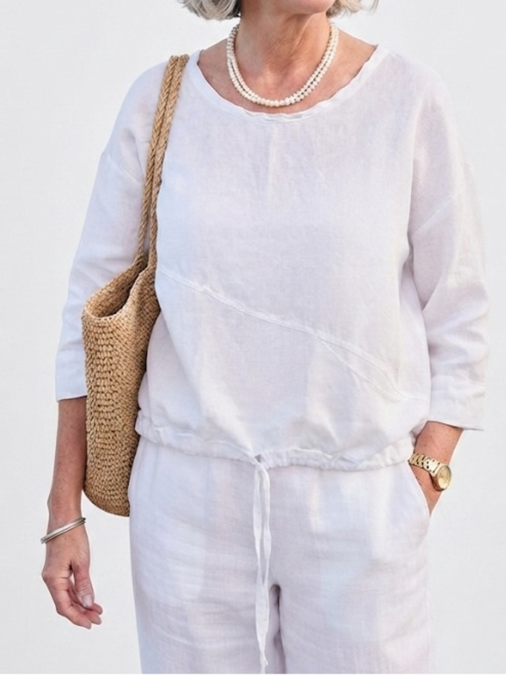 Luukaa 100% Linen Shirt Size 6 Loose Fit White Drawstring Hem